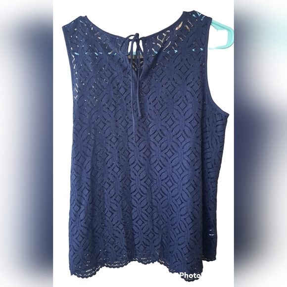 LOFT Navy Blue Tank Top Style Sleeveless Sheer Lace Blouse Sz S - Picture 2 of 4